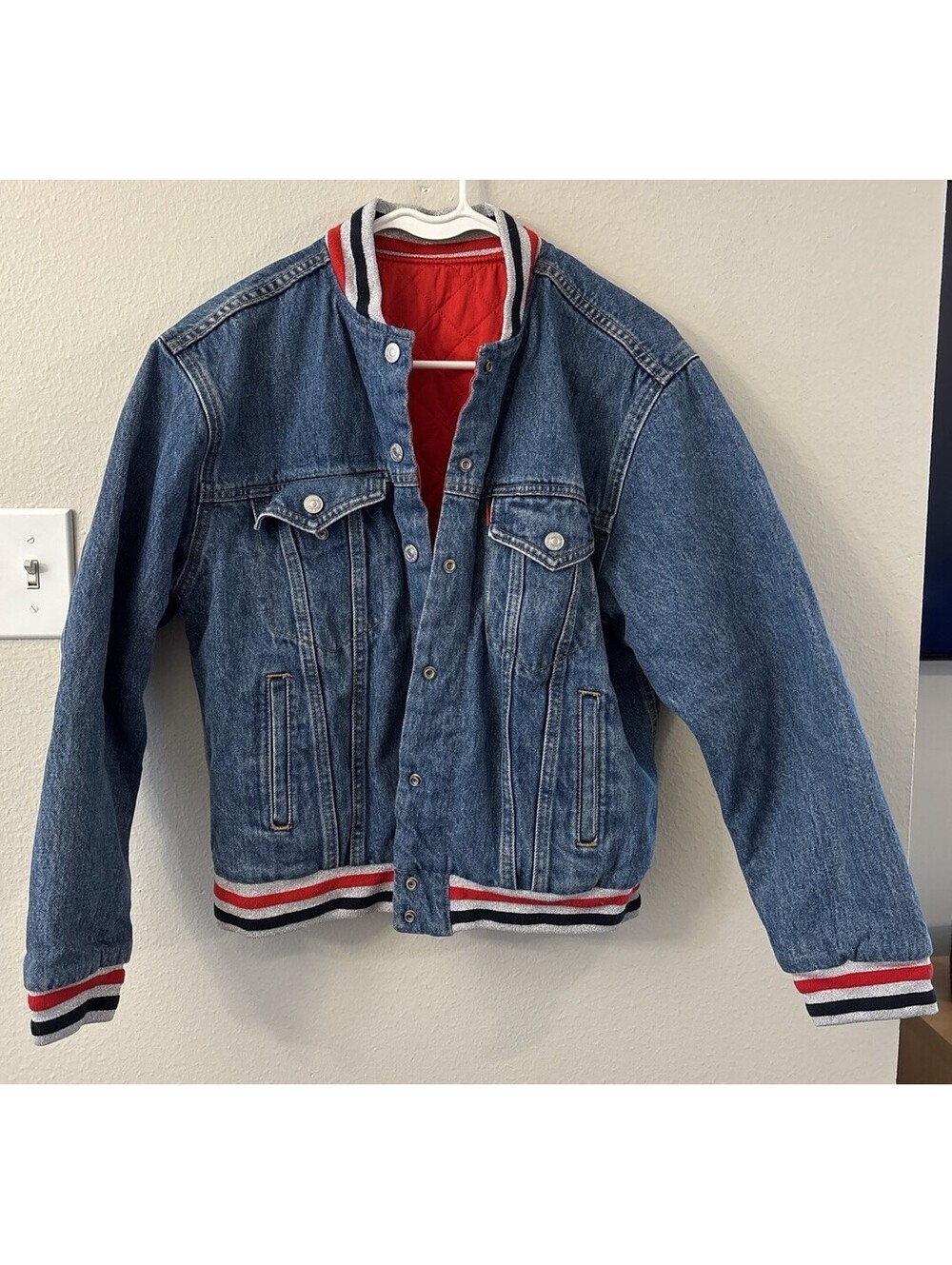 Levi’s Quilted Red Reversible Denim Trucker Jean Jacket RARE BLANK TAG Women’s M